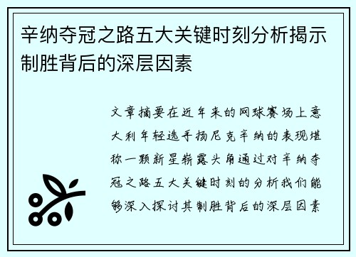 辛纳夺冠之路五大关键时刻分析揭示制胜背后的深层因素 辛纳夺冠之路五大关键时刻分析揭示制胜背后的深层因素
