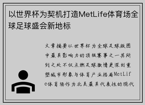 以世界杯为契机打造MetLife体育场全球足球盛会新地标 以世界杯为契机打造MetLife体育场全球足球盛会新地标