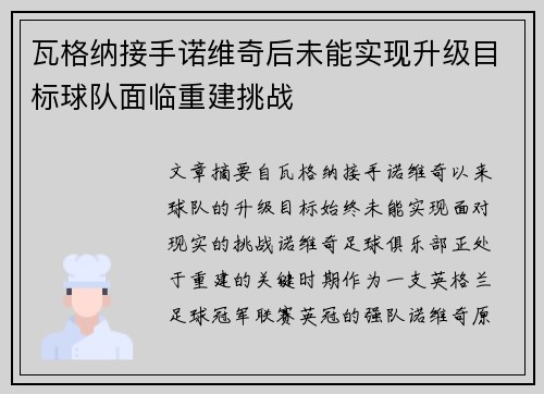 瓦格纳接手诺维奇后未能实现升级目标球队面临重建挑战
